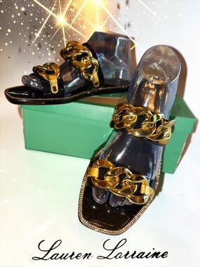 NIB Lauren Lorraine Chan Black Jelly Slide Sandals Gold Chain Rhinestone Sz 8